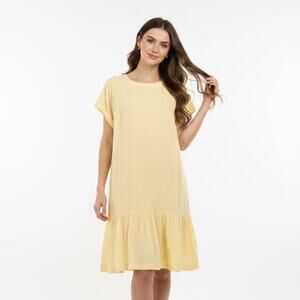 Nine West Butter Yellow Shift Midi Dress Large Lined Ruffle Flowy Vacation Chic